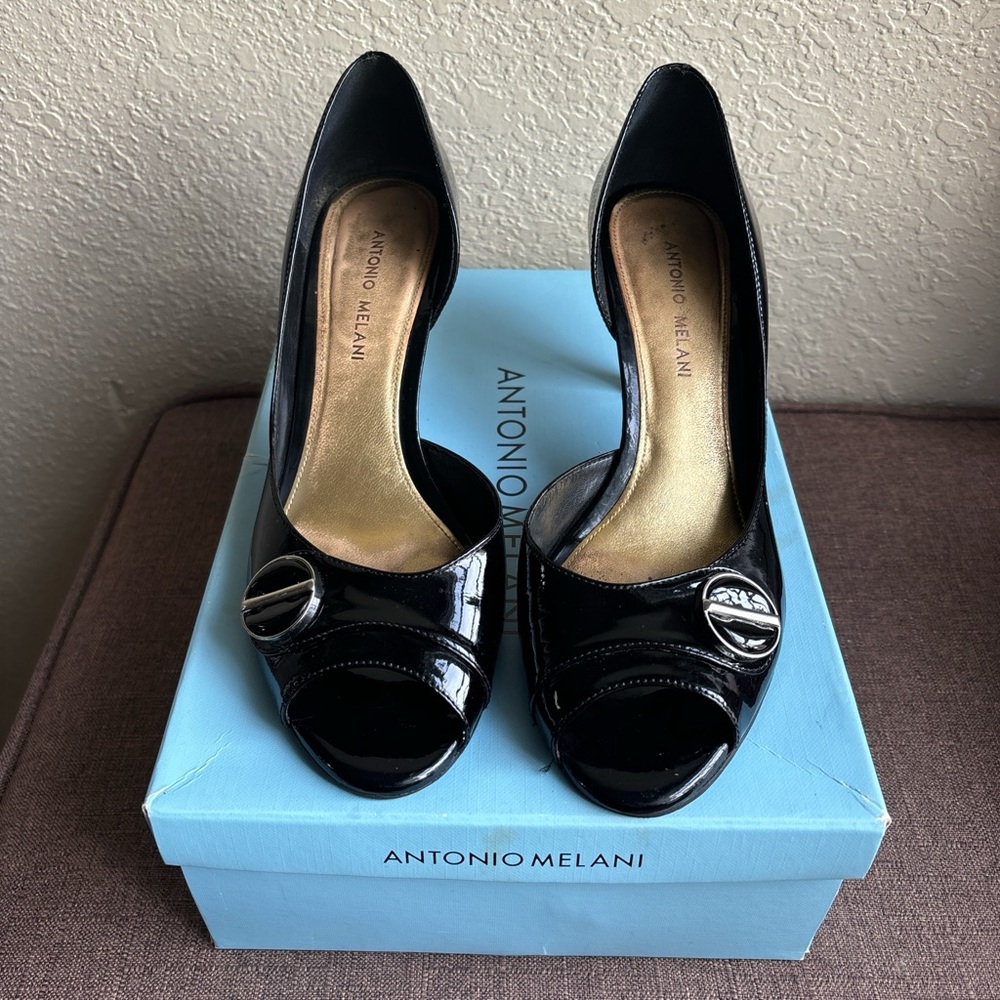 ANTONIO MELANI Glossy Black Peep Toe Heels
